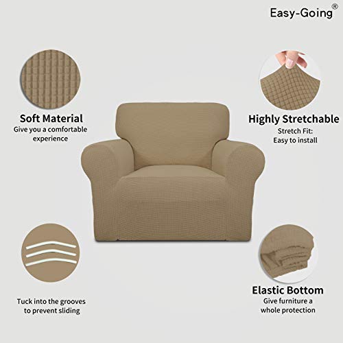 Image of Easy-Going Stretch Chair Sofa Slipcover 1-Piece Couch Sofa Cover Furniture Protector Soft with Elastic Bottom for Kids, Pet. Spandex Jacquard Fabric Small Checks (Chair, Tan)