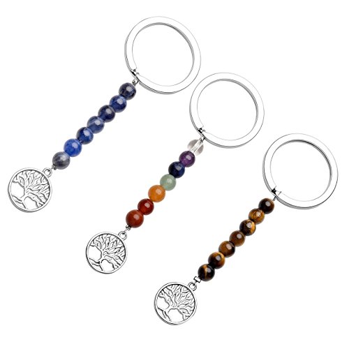 Preisvergleich Produktbild CrystalTears Lebensbaum Schlüsselanhänger Chakra Healing Edelstein Schlüsselbund Reiki Steinkugeln Schlüsselringe Keychain Dekoration (Chakra+Sodalit+Tigerauge)