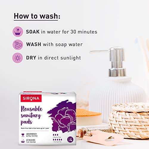 Sirona Reusable Pad for Women and Girls | (Pack of 4)| 3 Regular Pads + 1 Overnight Pad | Soft Cloth Pads for Women for Period, Reusable Rash Free Fabric, Skin Friendly, Lasts Up To 1 Year