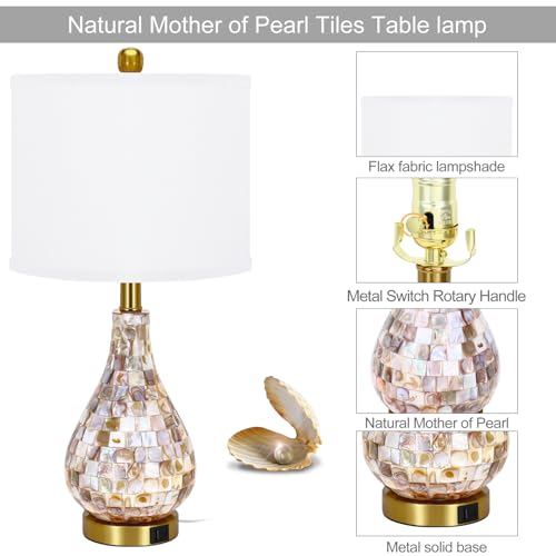 TPAMSWO Modern Coastal Table Lamps Set of 2, Natural Mother of Pearl Tiles 23.5" Bedside Lamp, for Bedroom Living Room Home Nightstand Table Lamp(with USB C+A 5V 2.1A Charging Ports) - Image 4