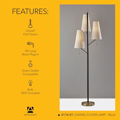 Adesso Black Tree Lamp with Cream Fabric Shades – 3 Light Floor Lamp with Pull Chains, Modern Accent Light for Bedroom, Living Room, or Home Office, 71” Tall by Adesso - Image 6