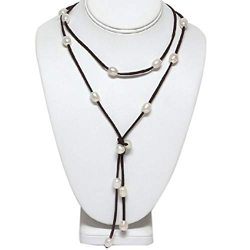 Gem Stone King 48 Inch White Cultured Freshwater Pearl On Brown Leather Wrap Bracelet For Women/Necklace #TOP2