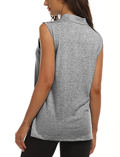 Golf Shirts Women Sleeveless,Misyula Zip Up Polo Collarless Dry Fit Shirt Tennis Yoga Running Jogging Gym Workout Tank Tops Loose Fit Summer Uv Protection Apparel Grey Xxl #TOP1