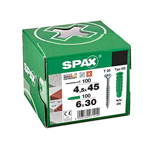 SPAX Dübel-Schrauben-Set Ø6 200 Teile, Spreiz-Dübel Typ SD 6x30, Universalschraube 4,5x45, WIROX A9J, T-STAR plus T20, zur Befestigung in Beton, Vollstein, Lochstein und Porenbeton - 5000001200015 SPAX Dübel-Schrauben-Set Ø6 200 Teile, Spreiz-Dübel Typ SD 6x30, Universalschraube 4,5x45, WIROX A9J, T-STAR plus T20, zur Befestigung in Beton, Vollstein, Lochstein und Porenbeton - 5000001200015