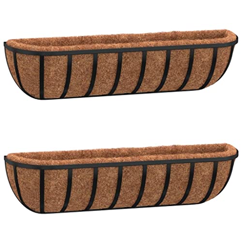 vidaXL Set of 2 Wall Troughs - Steel and Coconut Fibre with Powder Coating - Black Railing Planters for Balcony, Terrace, and Garden.