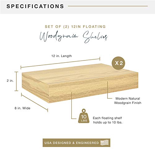 Image of MCS Natural Woodgrain Floating Shelves, 12 Inch x 8 Inch, Set of 2, 12 x 8