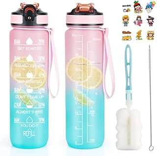 KETIEE Sports Water Bottle 1 Litre, Motivational Water Bottle with Straw Sport Drinks Bottle with Time Markings BPA Free Tritan Drinking Cup with Brush for Fitness and Outdoor Enthusiasts(Pink Blue)