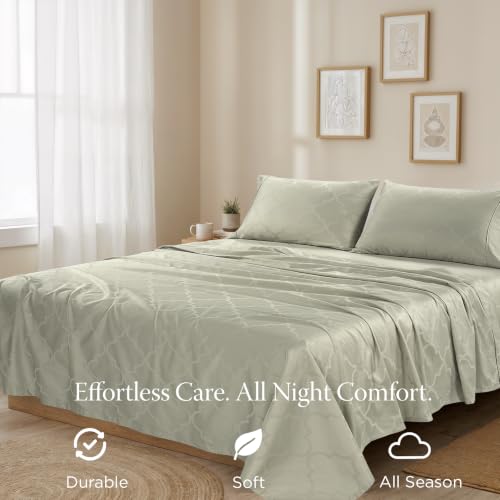 Image of Threadmill 300 Thread Count Cotton Full Sheet Set, Sateen, Damask, Sage | 100% Cotton, Sateen Weave, Damask Pattern, 4-Piece Set, 16 inch Deep Pocket, Cooling, Fade-Resistant, OEKO-TEX Certified