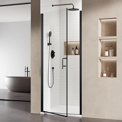 Pivot Shower Door,34 in. W x 72 in. H Hinged Single Panel Swing Glass Shower Door with SGCC 1/4" Clear Tempered Glass Reversible Installation Matte Black Handle Glass Door
