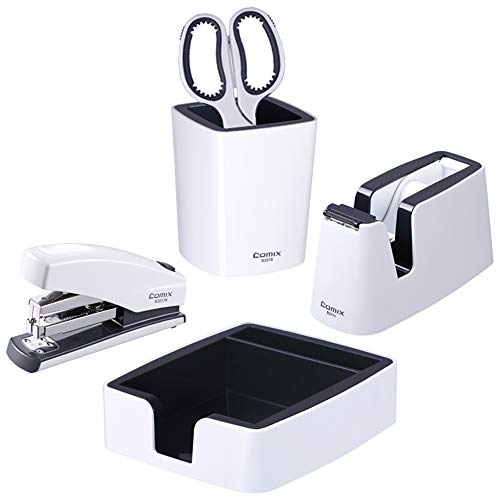 Comix Desk Accessory Kit Set, Heavy Duty Office-Desk Stationery 5 in 1 Kits: Pen-Holder, Sticky-Note Stand, Tape-Dispenser, Students' Scissors and Stapler for Home/School/Office, White+Black