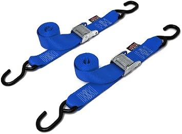 PowerTye 2in x 5.5ft Cam Buckle Tie-Down with S-Hooks - 600 lb. Working Load Limit / 1,800 lb. Breaking Strength - Made in USA - Blue Pair