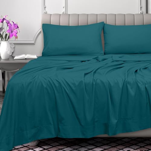 Image of Royale Linens 300 Thread Count 100% Long Staple Combed Cotton Flat Sheet - Super Soft - Top Sheets - Full Flat Sheet Sold Separately - Breathable, Cool & Crisp Percale Sheets Only (Full, Teal)