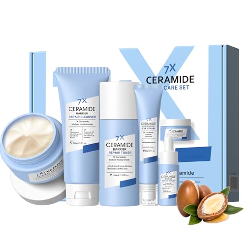 7x Ceramidas Skincare Coreano Kit, Rutina Facial Mujer Pack, Cuidado Facial Mujer con Limpiador Facial, Tonico Facial, Crema Facial, Contorno de Ojos, Serum Facial, Hidratación Profunda, 5 Piezs