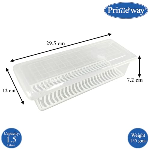 Image of Primeway Polypropylene Pack of 3 Food Savers Containers with Water Drain Tray | Kitchen Boxes | Fridge Organiser | Keep Fresh Storage | Stackable | 29.5x11.8x7.2cm | 1.5L each | Clear