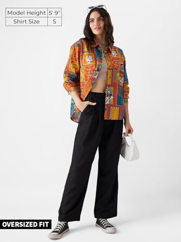 Image of The Souled Store Official Looney Tunes: Indie Vibes Women Oversize Fit Full Sleeves Graphic Printed Polyester Multicolored Shirt Shirts Casual Button-Down Half Sleeve Printed Graphic Short