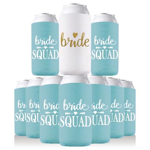 Image of PartyGifts&Beyond Bridesmaid Gifts Can Cooler 10Packs Bachelorette Party Decorations Slim Can Cooler Bride Squad Can Sleeves(Lake Blue)