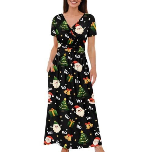 Image of Women's Fall Summer Short Sleeve Ankle Length V-Neck Party Dress with Pockets Size S-3XL
