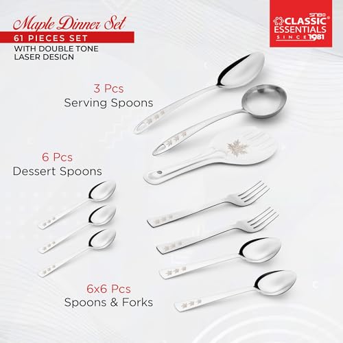 Image of Classic Essentials Stainless Steel 61-Piece Dinner Set for 6 People | Heavy Gauge Kitchen Dining Set | Permanent Laser-Maple Design | Durable Rust-Resistant Tableware for Home & Festive Use