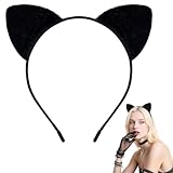 Black Cat Ears Headband Furry - Halloween Cat Woman Ears for Women, Cat Costume Accessories Kitty Ears