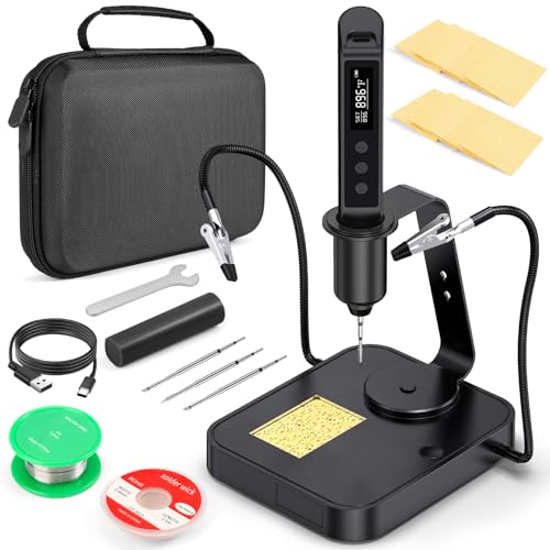 Soldering Iron Kit, Cordless Soldering Gun with 2 Helping Hands, 2s Fast Heating 356-896℉ OLED Solder Kit, Auto Sleep, Includes 360° Swivel Stand, C210 Tips, Wire, Wick, Sponges, Wrench, Black
