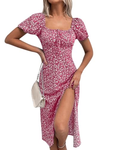 Image of SPRIME Women's Floral Summer Casual Dress Square Neck Puff Sleeve Boho Midi Dresses Ruched Bust High Waist Split Long Dress