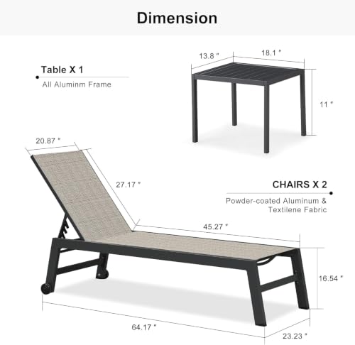 Image of PURPLE LEAF Patio Chaise Lounge Set of 2 w /Side Table Textilene Taupe
