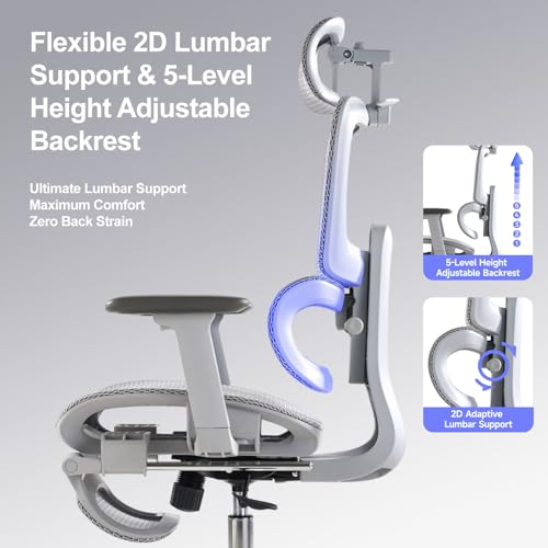 LarkLeaves Office Chair with Footrest, Ergonomic Chair with 3D Headrest, Computer Chair with Adjustable Backrest & 3D Armrest, Gaming Chair with Adaptive Lumbar Support, Mesh Backrest & Cushion, Grey — view 6