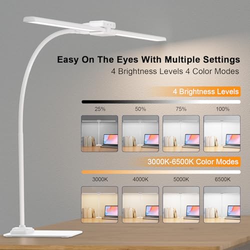 Image of 24W Led Desk Lamps with Base for Office Home, 31.5-in Double Head, White | Dual Screen Computer Monitor Desk Light,Dimmable 4 Colors, Eye Care Architect Table Light for Working Reading Drafting