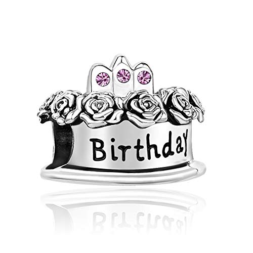 Image of Birthstones Happy Birthday Cake Charms Compatible with Pandora Charms Moments Bracelets Candle Crown Celebration Beads