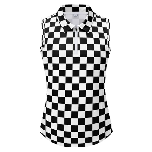 Race Checkered Flag Golf Polo Shirts for Women Zip Up Sports Shirts Work Out Tank Tops Lightweight Quick Dry for Tennis M