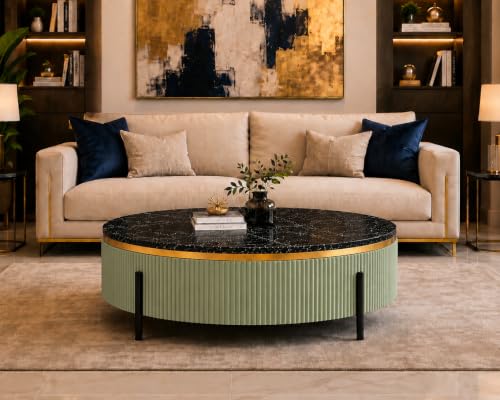 Image of WOODEN SPACE Premium Luxury Nazaara Marble-Top Coffee Table with Iron Legs & PVD Coating | Modern Round Wooden Center Table for Living Room & Entryway (Light Green, 36 Inch)