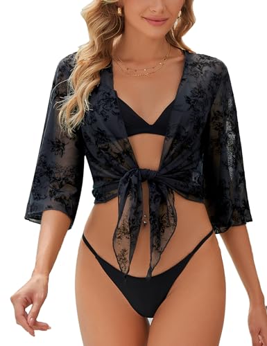 Image of Totatuit Women's Short Cardigan Bolero Sheer Shrug Tie Open Front Bell Sleeve Summer Cropped Bolero Cardigan