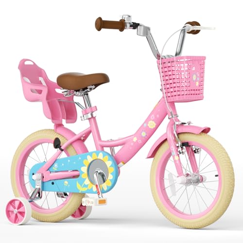 Glaf 12 14 16 Inch Girls Bike with Training Wheels Toddler Kids Bike Bicycles for 2-9 Years Old Bike with Basket and Doll Seat (Pink Flower, 12 inch)