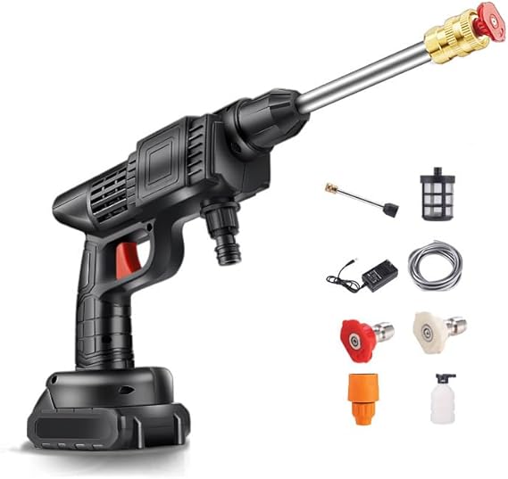 Lavadora de coche inalámbrica de alta presión, pistola de agua de 12 V con manguera de 16.4 ft, 3 tipos de agua ajustables, distancia máxima de pulverización de hasta 32.8 ft, para limpieza de pisos de valla de automóvil