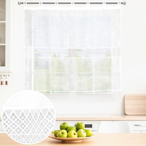 BOD HOME, 1 Pieza, Cortinas Translúcidas con Trabillas para Cocina, Color Blanco, Comedor, Cortina Media Altura, Poliéster, Diseños Bordados, Fácil Uso e Instalación. AnchoxAlto: 100X150cm
