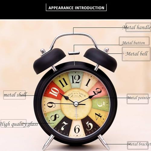 Image of Table Clock Retro Twin Bell Metal Frame Alarm Clock with Night Backlight Function & Silent Motion, Bedside Luminous Alarm for Students Bedroom /Office (Black Vintage)
