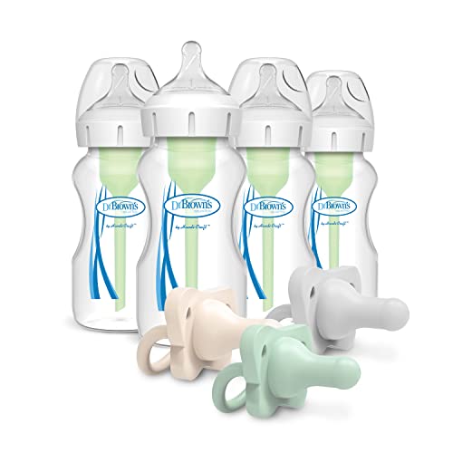 Image of Dr. Brown’s Natural Flow® Anti-Colic Options+™ Wide-Neck Baby Bottle, 9 oz/270, Level 1 Nipple, 4-Pack, 0m+ with HappyPaci 100% Silicone Pacifier 0-6m, BPA Free, Cool Gray, Green, Ecru, 3 Pack