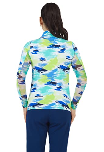 Ibkul Athleisure Wear Sun Protective Upf 50+ Icefil Cooling Tech Matilda Print Long Sleeve Mock Neck Top – 10263 Jade Multi Matilda M #TOP4