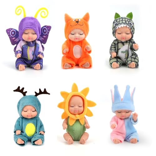 Joollurm 6 mini muñecas reborn con lindos vestidos de animales, 4,3 pulgadas, muñeca de silicona lavable para dormir, regalo para niñas, niños, niños pequeños 3+ (serie forestal)