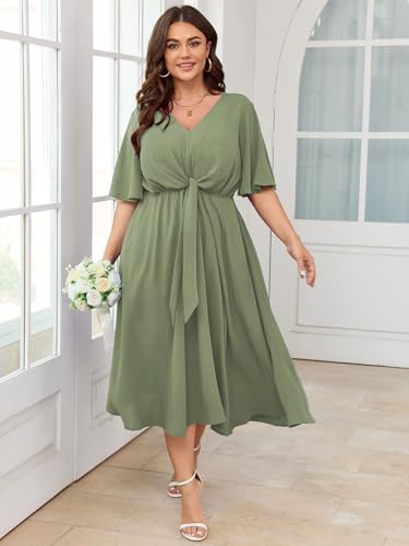 Image of SCOMCHIC Women Plus Size Midi Dresses Wedding Guest Short Sleeve V Neck Tie Waist Casual Summer Flowy A Line Dress