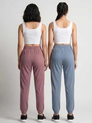 Image of Fflirtygo Cotton Solid Joggers /Track Pant /Solid Pajama /Leggings �100% Export Quality Soft Cotton Night Wear /Pocket Pyjama for Women Combo Pack of 2Pcs, Blue and Grey