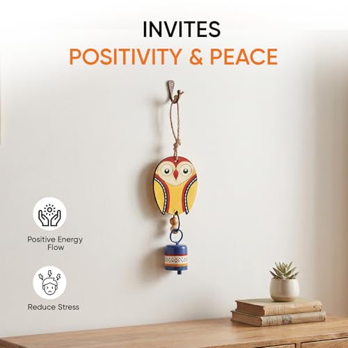 Image of Aakriti Art Creations Owl Wind Chime with Metal Bell in Yellow & Blue | Modern Art Handmade Wooden & Metal Wind Chime | Matte Decorative Wind Chimes for Balcony, Garden & Home, Living Room & Gifting