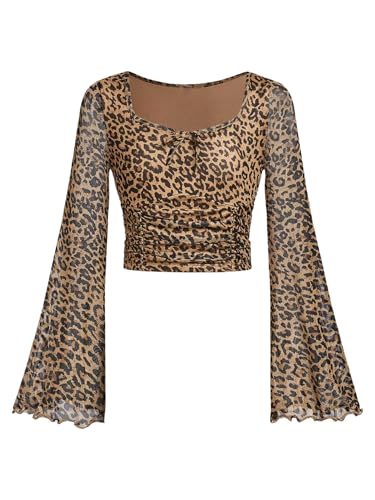 Image of Floerns Girls Bell Long Sleeve Square Neck Asymmetrical Hem Mesh Ruched Crop Tops Tees