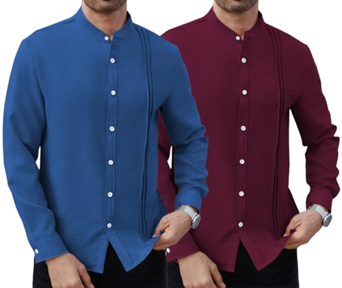 Image of TAGDO Men's Mandarin Collar with Button-Down Shirts | Full Sleeve Linen Casual Shirt for Man | Stylish Summer - Regular Fit Office, Party (2047)