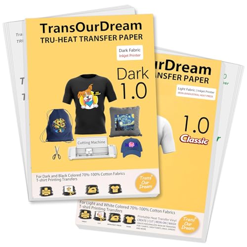 Image of TransOurDream Tru-Heat Transfer Paper for Dark and Light Fabric (50+50 Sheets, 8.5x11 inch, Mix Pack) Printable HTV Heat Transfers Vinyl for Inkjet Printers Iron on Transfers for T Shirts