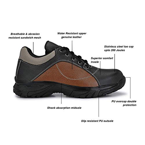 AEGON Thunder Men's Industrial Water Resistant Anti Skid Leather Safety Shoes with Steel Toe - Black & Brown, Size 6