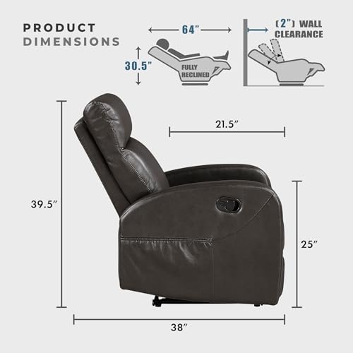 Lexicon Manual Recliner Chair, Faux Leather Reclining Chair, Wall Hugger, Track Arms, Magazine Pockets, Manual Recliner for Living Room/Office/Apartment, Easy Assembly, Espresso - Image 3