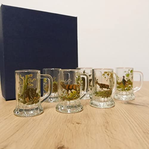6 teiliges Schnaps Krügle Krügerl Gläser Set mit farbigen Jagdmotiv - 2 cl -