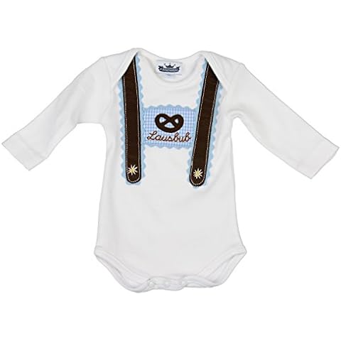 Baby Romper Long Sleeves in Light Blue. Imprint of Lausbub (Cheeky Monkey), Pretzel with Suspenders - Cute Bavarian Trachten Look in Size 62 Cover