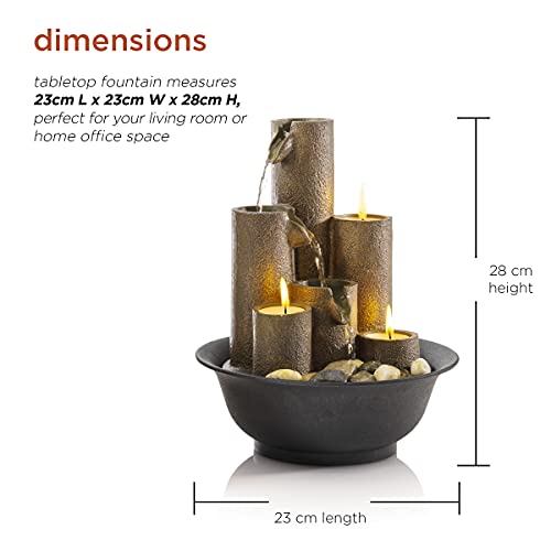 Alpine Corporation Tiered Column Tabletop Fountain With 3 Candles, Mini Waterfall For Indoor Spaces, Relaxation Water Feature, 11" Tall, Brown #TOP2